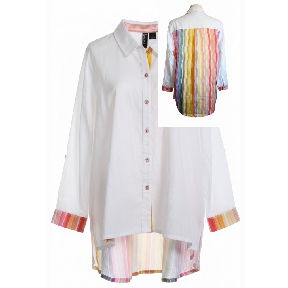 Berek‎ Womens XXL Vintage White Multi Stripe Sequin Pocket Button Up Shirt